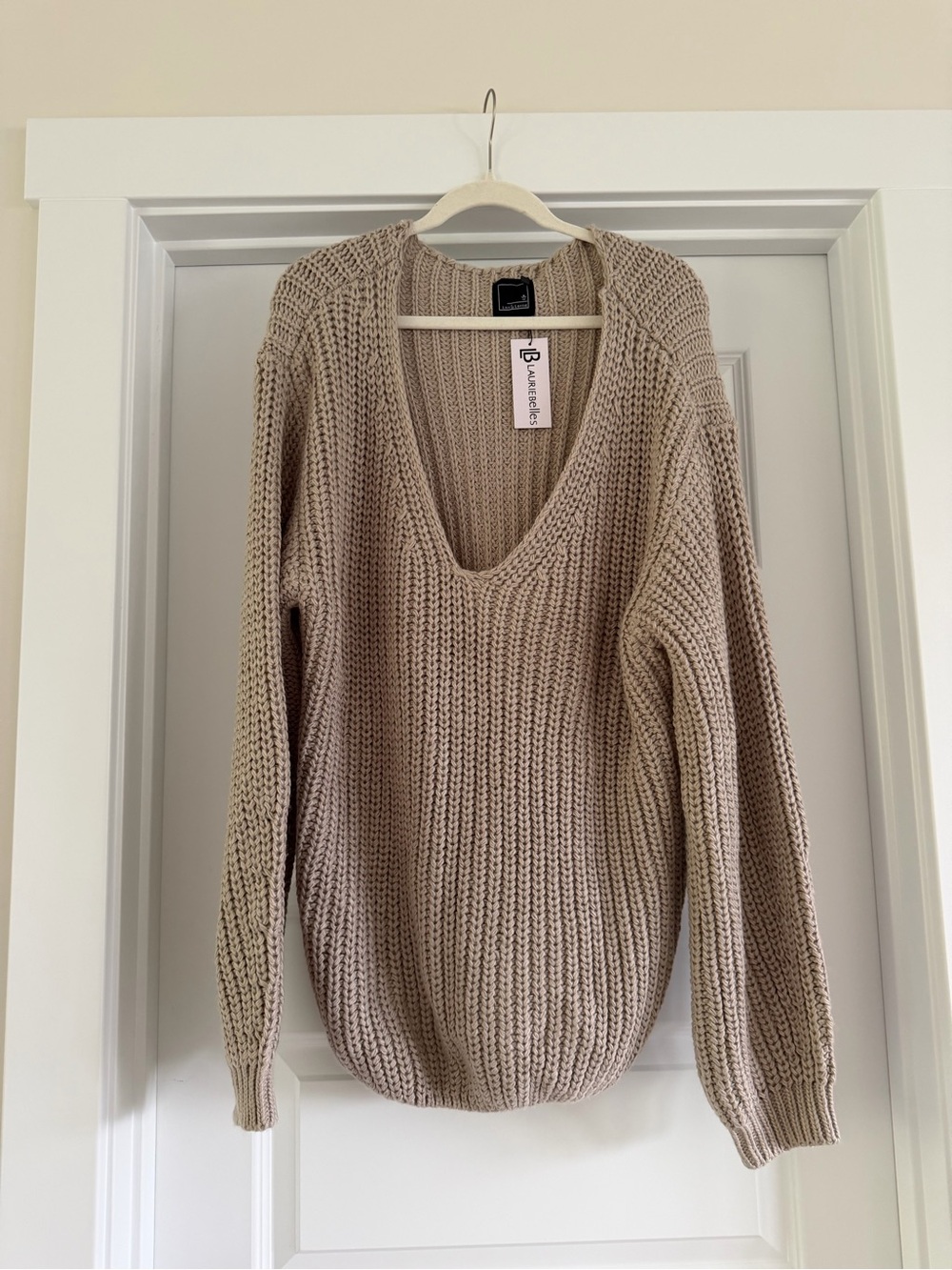 Neutral Beige Chunky V-Neck Sweater by Unknown Brand